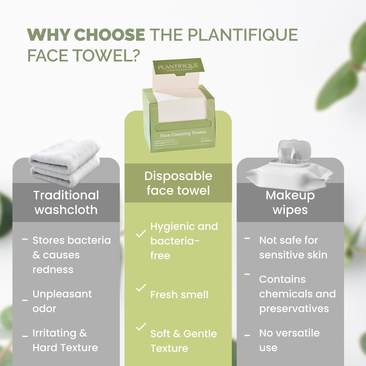 PLANTIFIQUE Disposable Face Towels XL 10"x12" - 100% Biodegradable Viscose Facial Towelettes for Women Skin Care - Face Cleaning Towel 50 Count