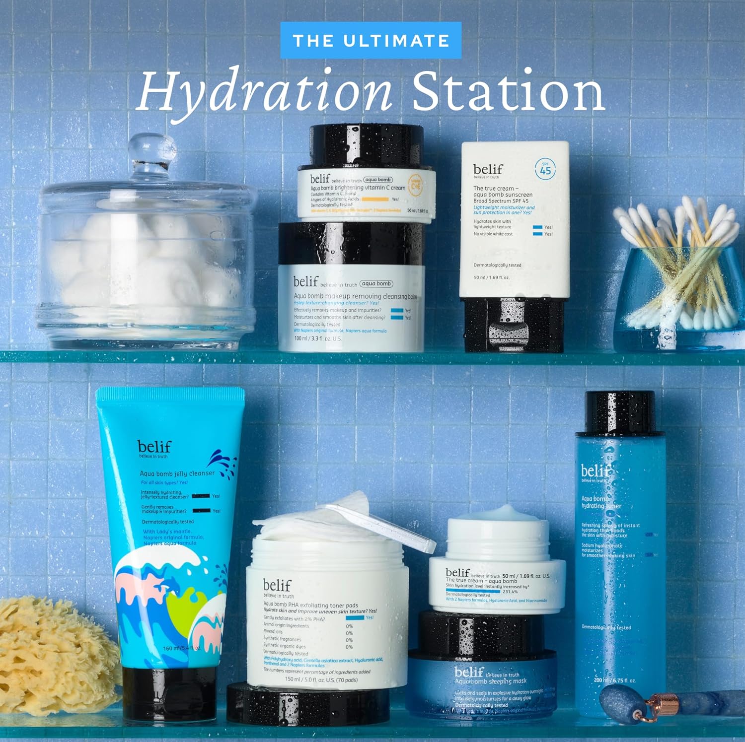 belif Hydrate & Go Kit – 4-Step Korean Skincare Set with Toner, Moisturizing Bomb Cream, Jelly Cleanser, Eye Bomb, SPF 45 Sunscreen, TSA-Friendly, Deep Hydration & Barrier Care for Glowy, Bouncy Skin
